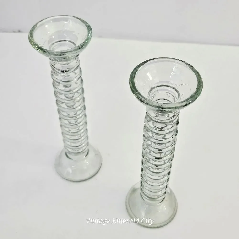 Vtg Stacked Bubble Glass 20th Century Ribbed Pale Green Candle Holders Spain Set